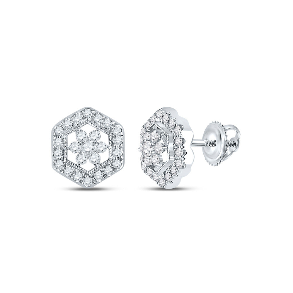 14kt White Gold Womens Round Diamond Geometric Cluster Earrings 3/8 Cttw