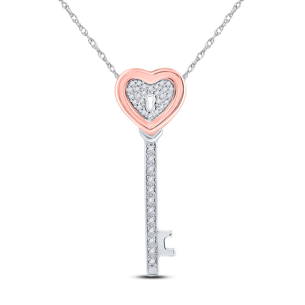 Two-tone Sterling Silver Womens Round Diamond Heart Key Pendant 1/10 Cttw