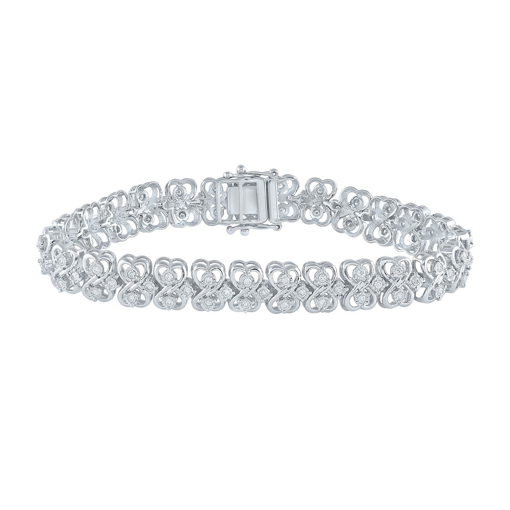 Sterling Silver Womens Round Diamond Heart Bracelet 1 Cttw