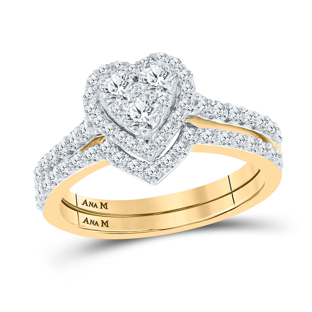 14kt Yellow Gold Round Diamond Heart Bridal Wedding Ring Band Set 1 Cttw