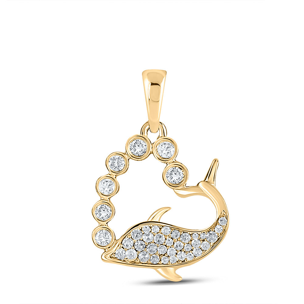 10kt Yellow Gold Womens Round Diamond Dolphin Heart Pendant 1/4 Cttw