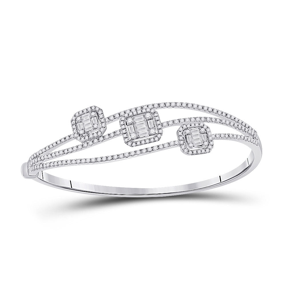 14kt White Gold Womens Baguette Diamond Cluster 3-stone Bracelet 1-3/4 Cttw