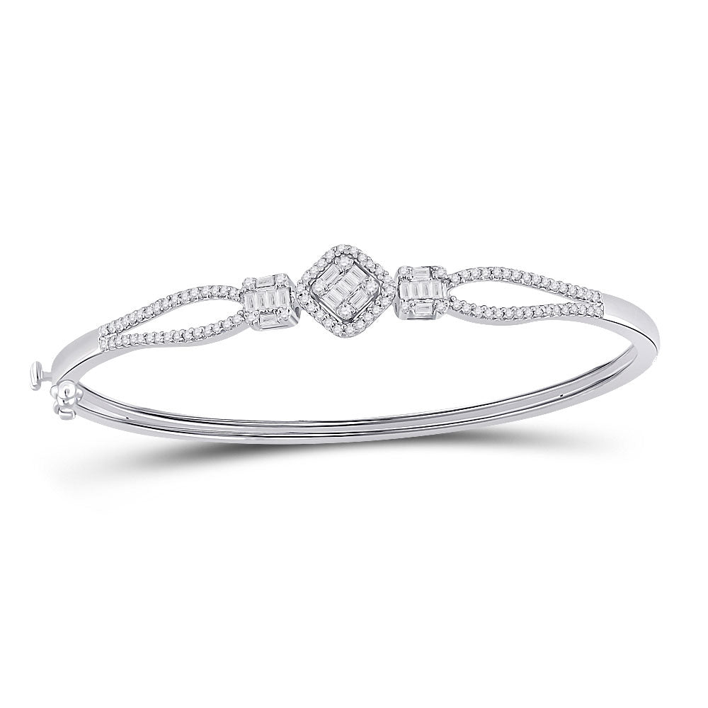 14kt White Gold Womens Baguette Diamond Bangle Bracelet 3/4 Cttw