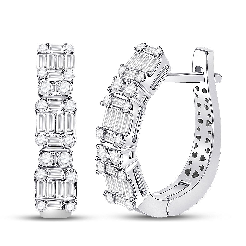 14kt White Gold Womens Baguette Diamond Fashion Hoop Earrings 1 Cttw