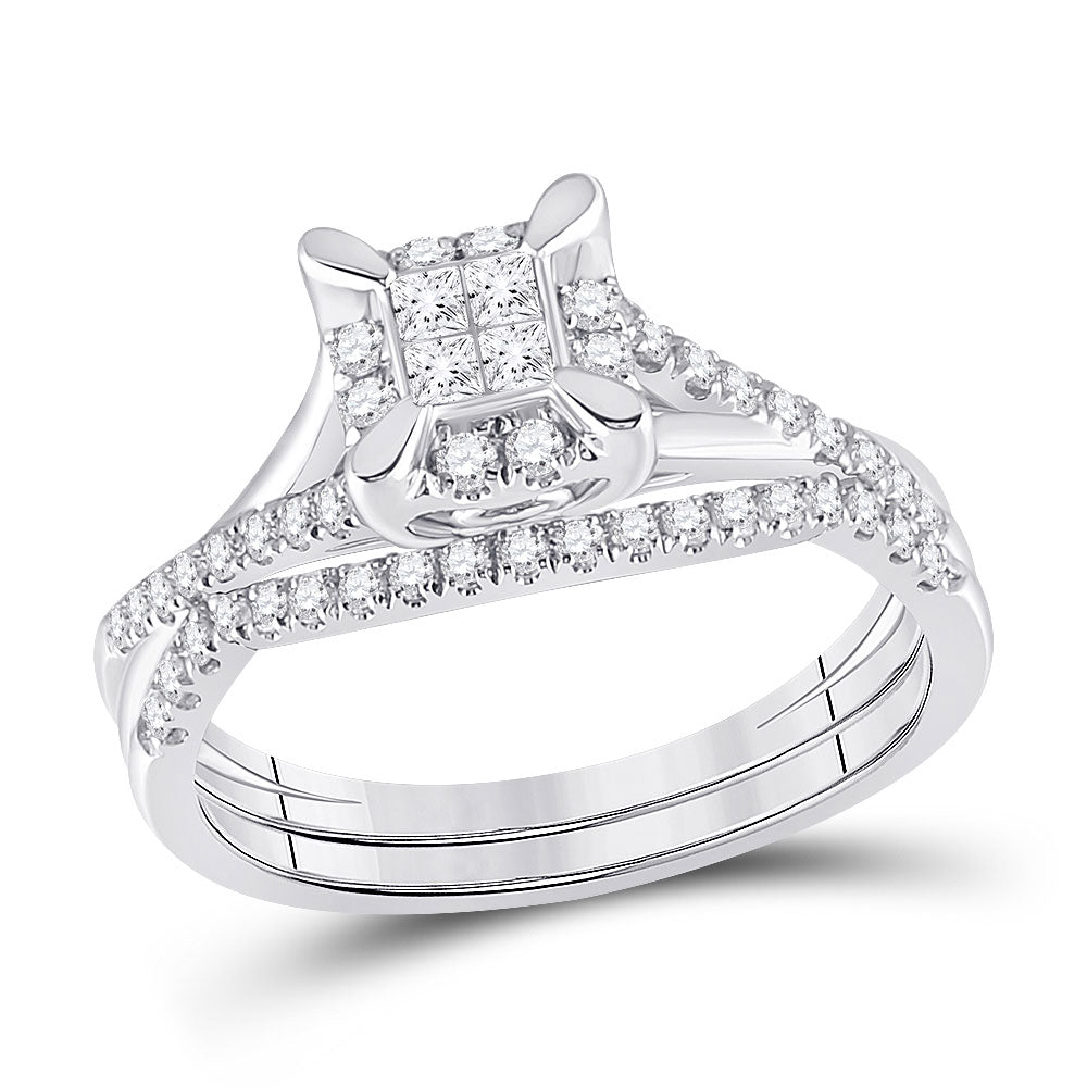10kt White Gold Princess Diamond Bridal Wedding Ring Band Set 1/2 Cttw