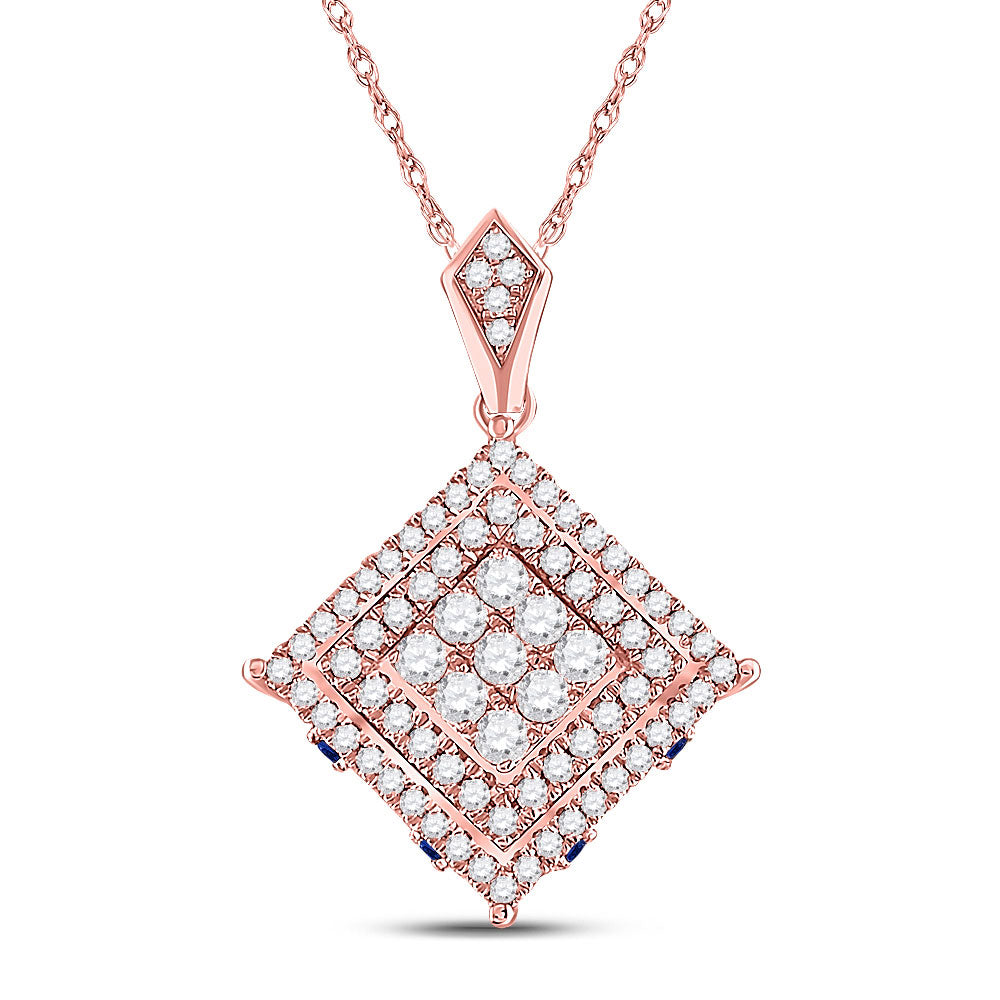 14kt Rose Gold Womens Round Diamond Blue Sapphire Square Pendant 7/8 Cttw