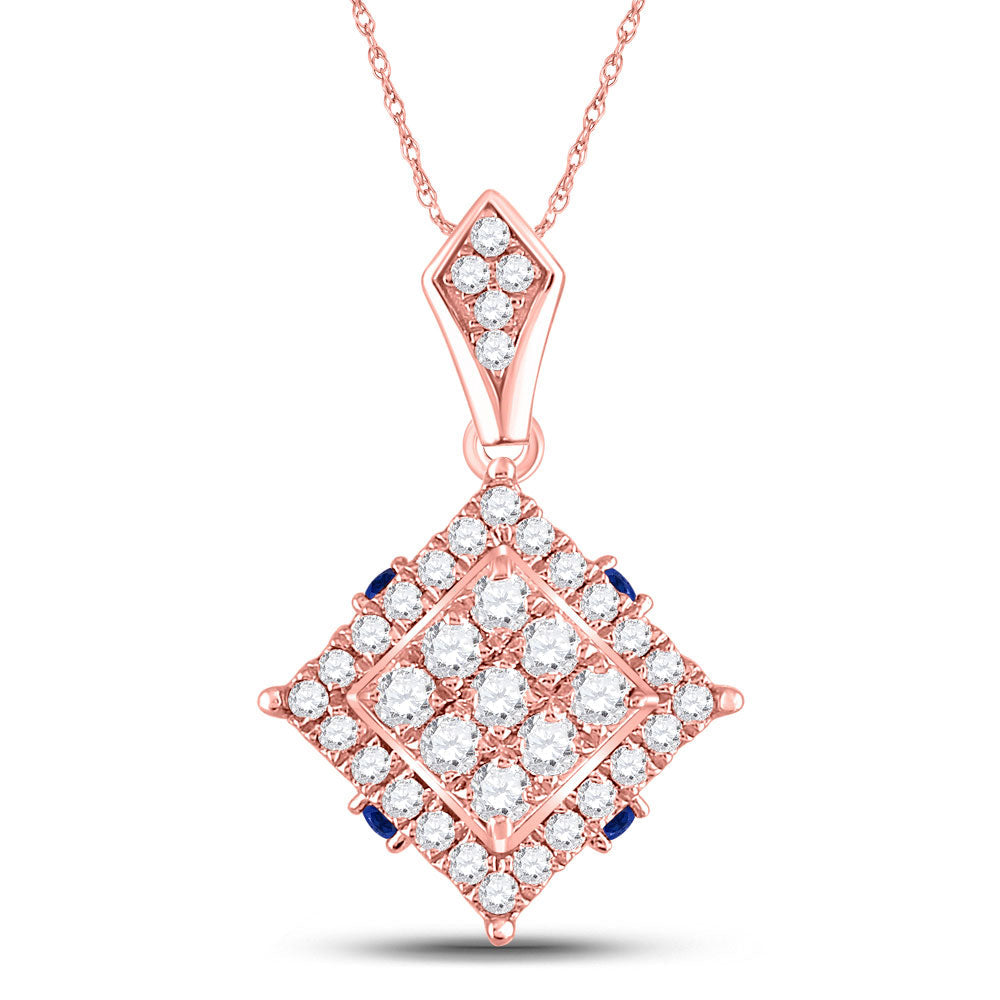 14kt Rose Gold Womens Round Diamond Blue Sapphire Square Pendant 5/8 Cttw
