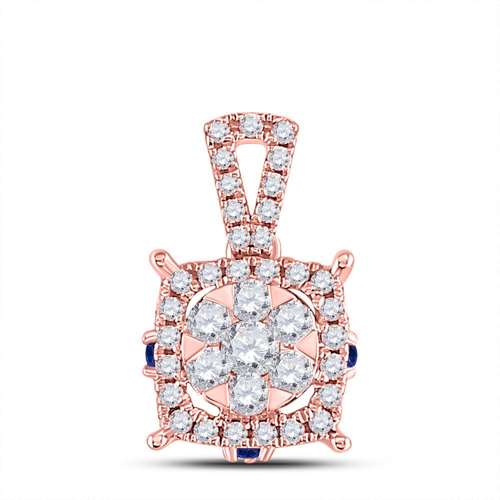 14kt Rose Gold Womens Round Diamond Blue Sapphire Square Pendant 1/2 Cttw