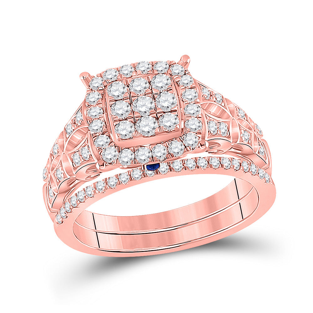 14kt Rose Gold Womens Round Diamond Square Cluster Bridal Wedding Ring Band Set 7/8 Cttw