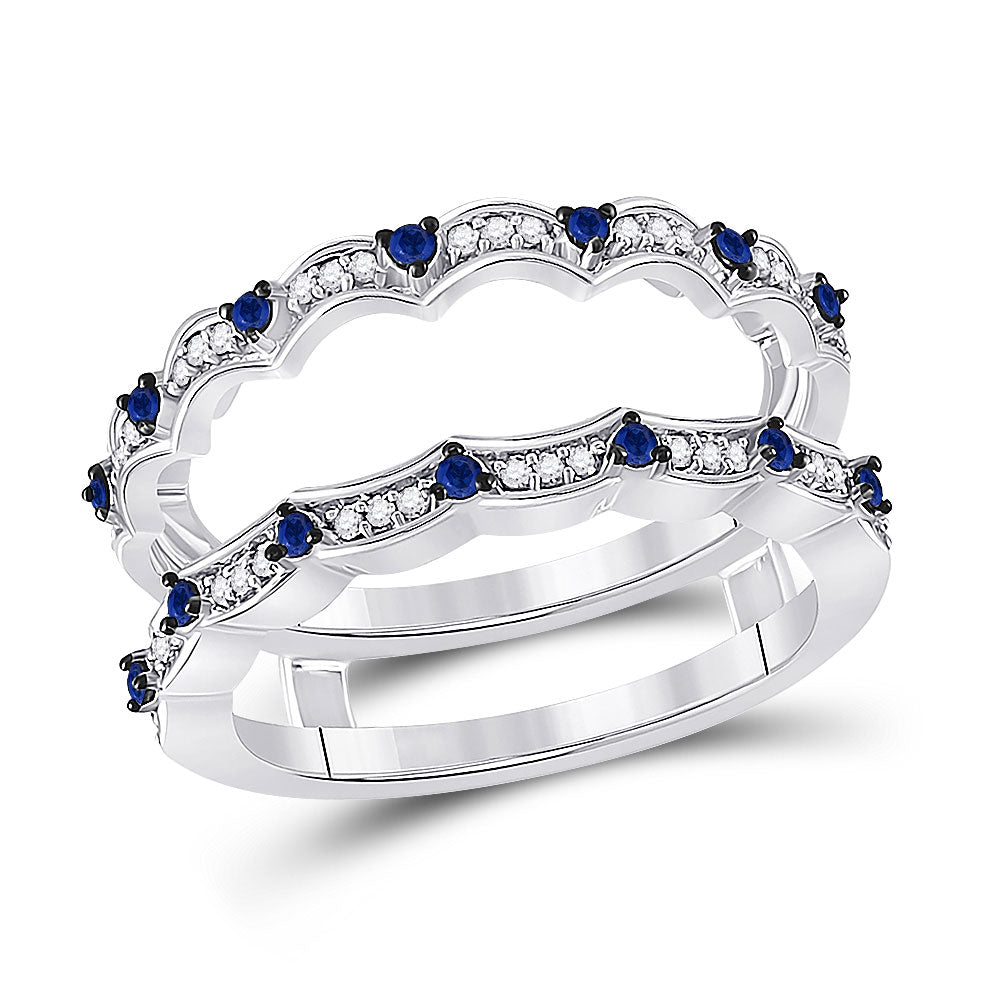 14kt White Gold Womens Round Diamond Blue Sapphire Negative Space Band Ring 1/3 Cttw