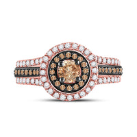 Load image into Gallery viewer, 14kt Rose Gold Round Brown Diamond Halo Bridal Wedding Engagement Ring 1 Cttw
