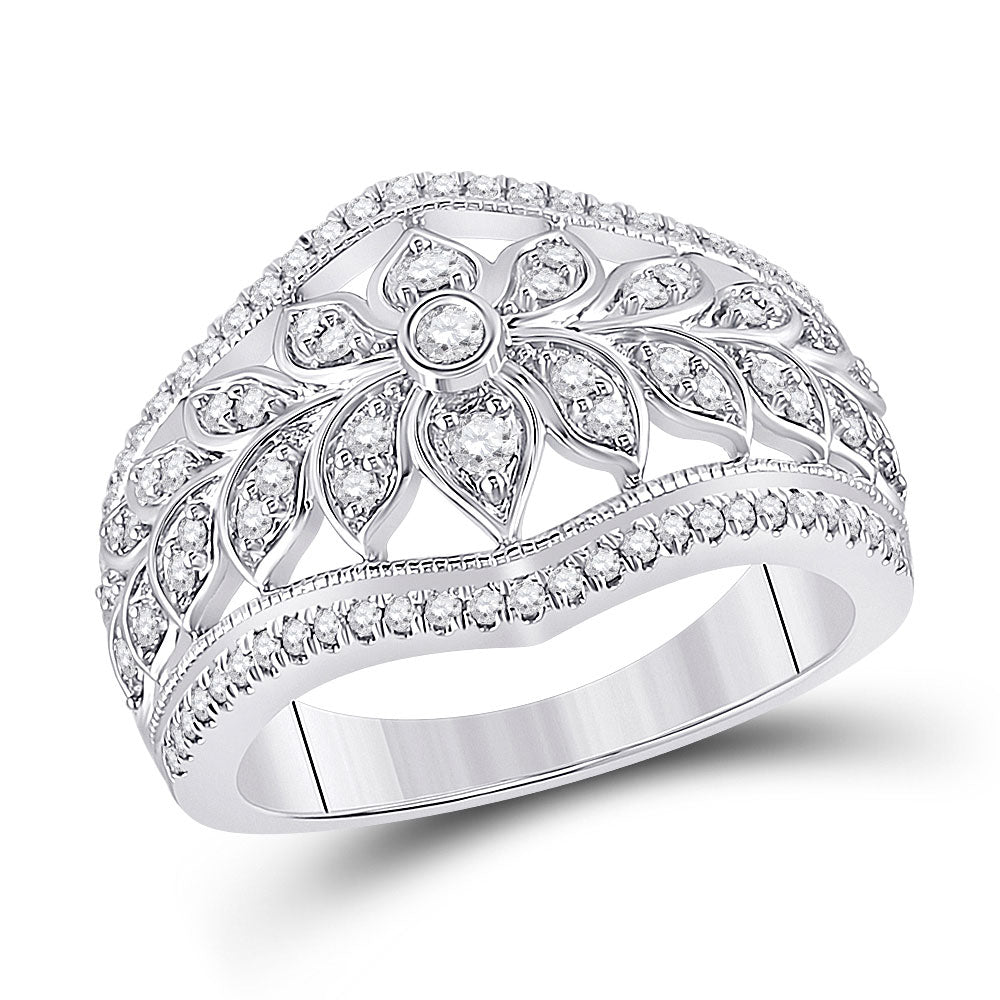 14kt White Gold Womens Round Diamond Floral Fashion Ring 1/2 Cttw