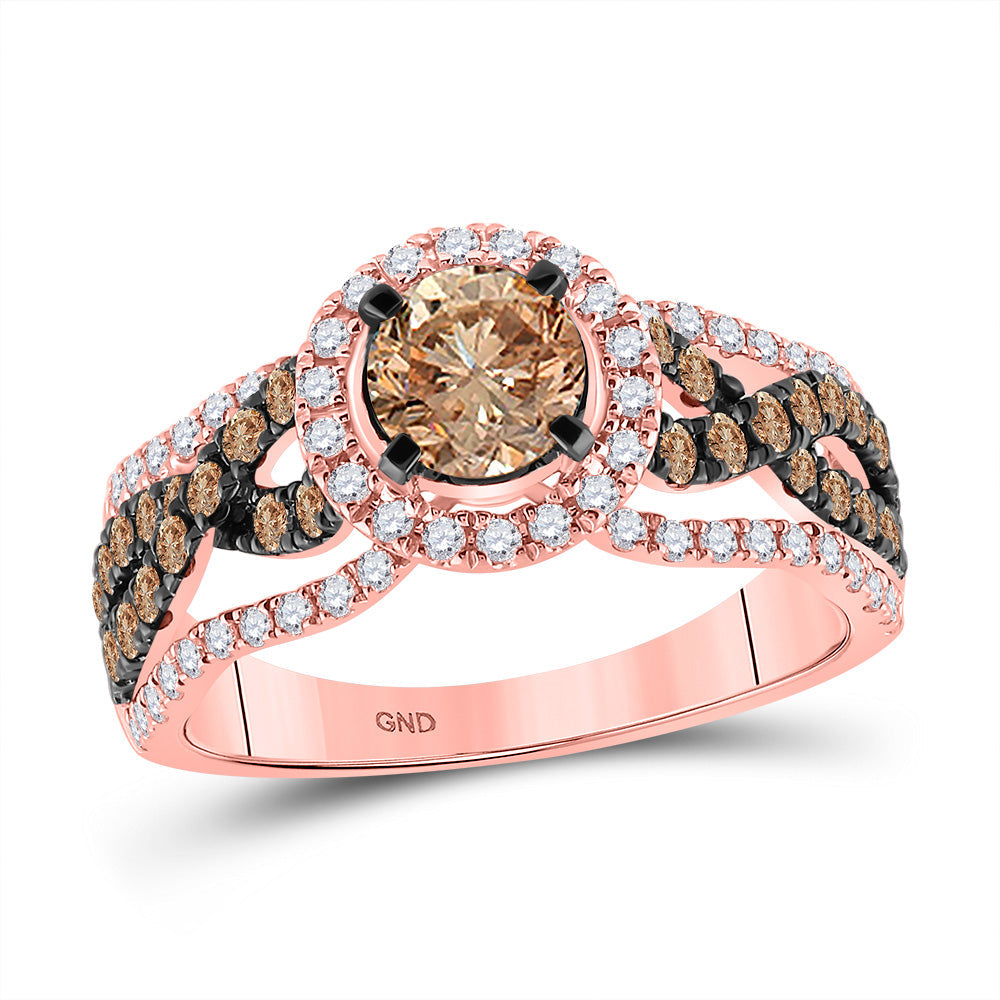 14kt Rose Gold Womens Round Brown Diamond Solitaire Halo Ring 1-1/2 Cttw