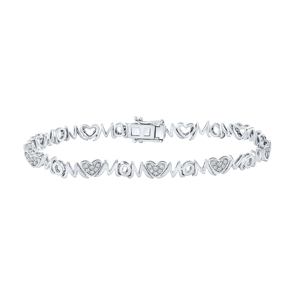 Sterling Silver Womens Round Diamond Heart Mom Bracelet 1/5 Cttw