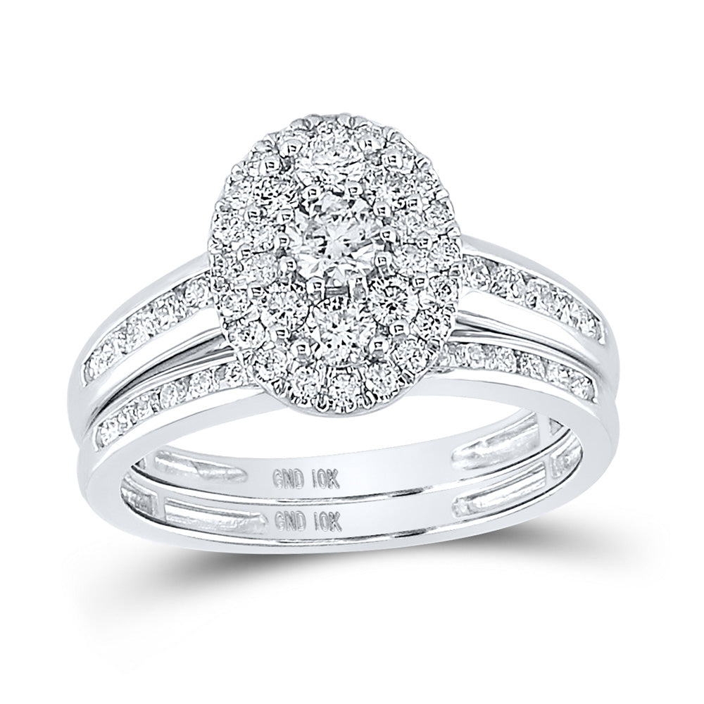 10kt White Gold Round Diamond Oval Bridal Wedding Ring Band Set 1 Cttw