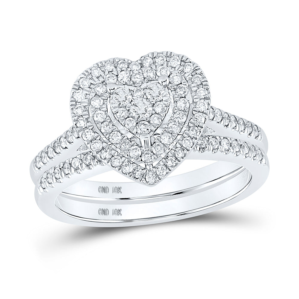 10kt White Gold Round Diamond Heart Bridal Wedding Ring Band Set 1/2 Cttw