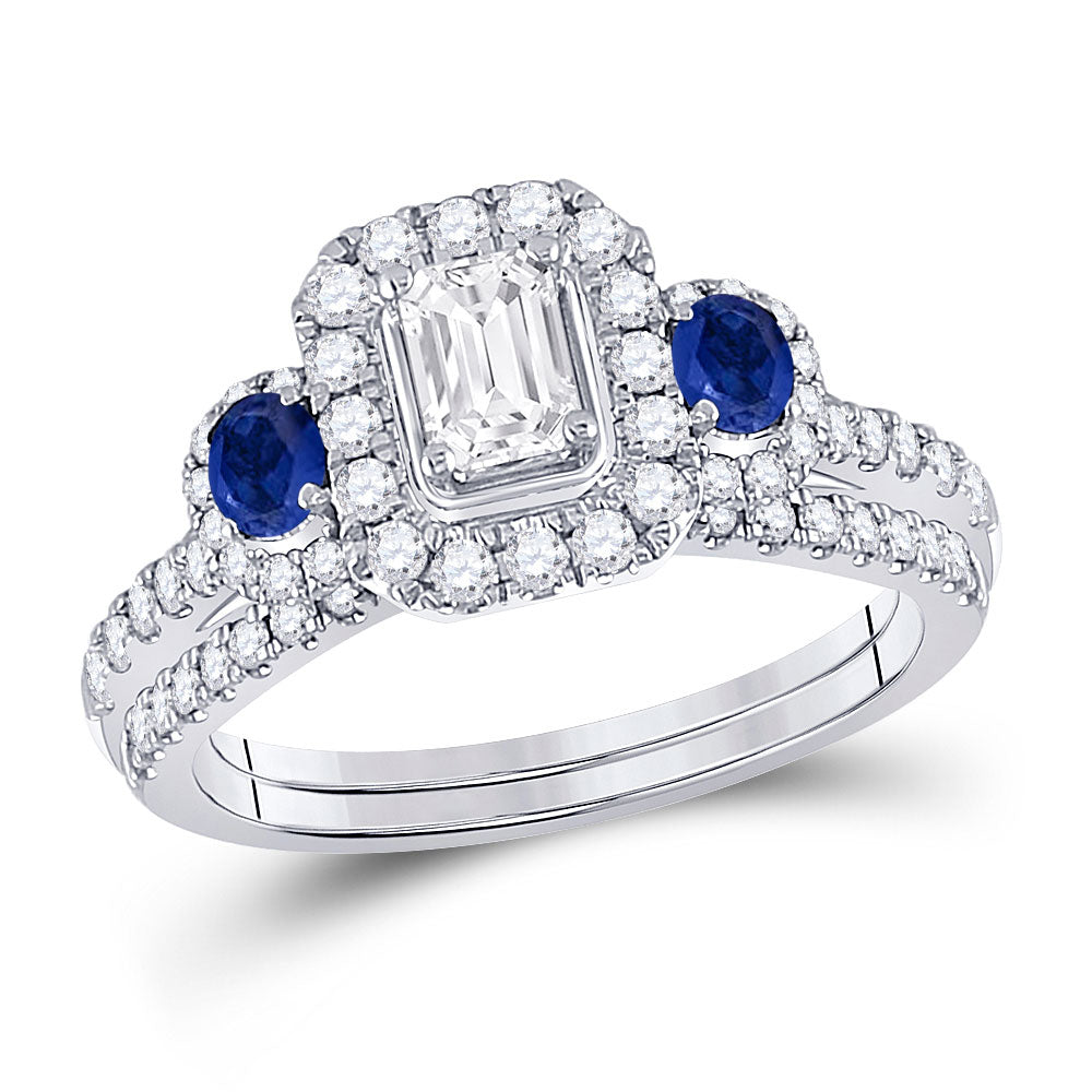 14kt White Gold Emerald Diamond Bridal Wedding Ring Band Set 7/8 Cttw