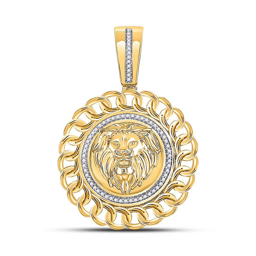 10kt Yellow Gold Mens Round Diamond Lion Head Circle Charm Pendant 1/5 Cttw