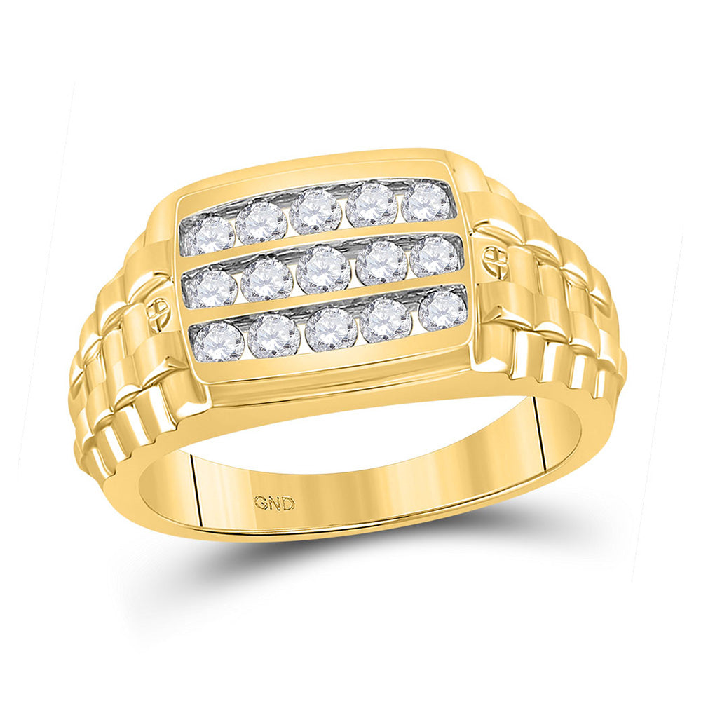10kt Yellow Gold Mens Round Diamond Ribbed Band Ring 3/4 Cttw