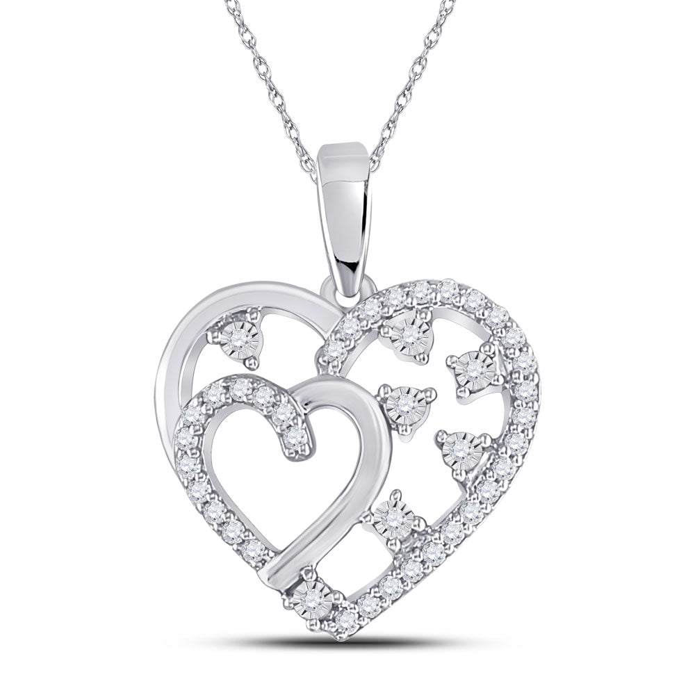 14kt White Gold Womens Round Diamond Double Heart Pendant 1/6 Cttw