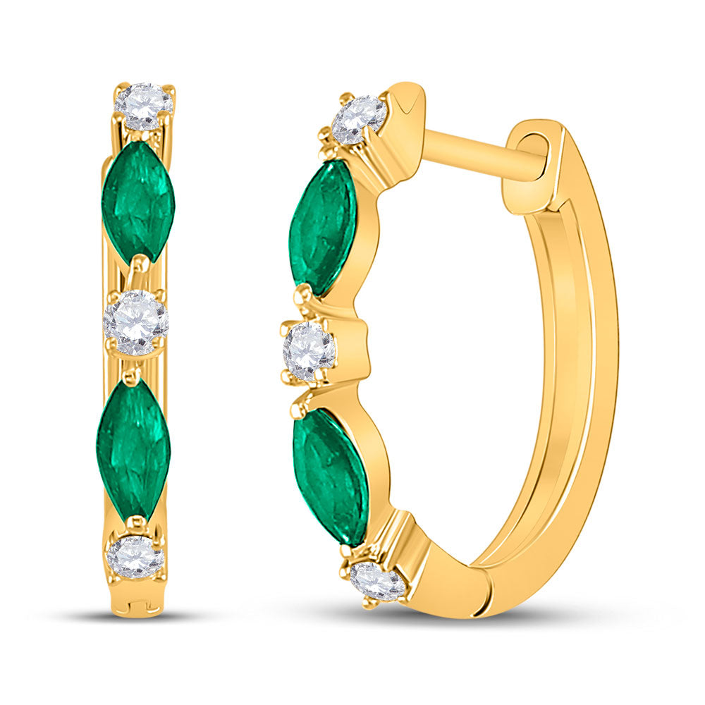 14kt Yellow Gold Womens Marquise Emerald Fashion Diamond Hoop Earrings 3/8 Cttw
