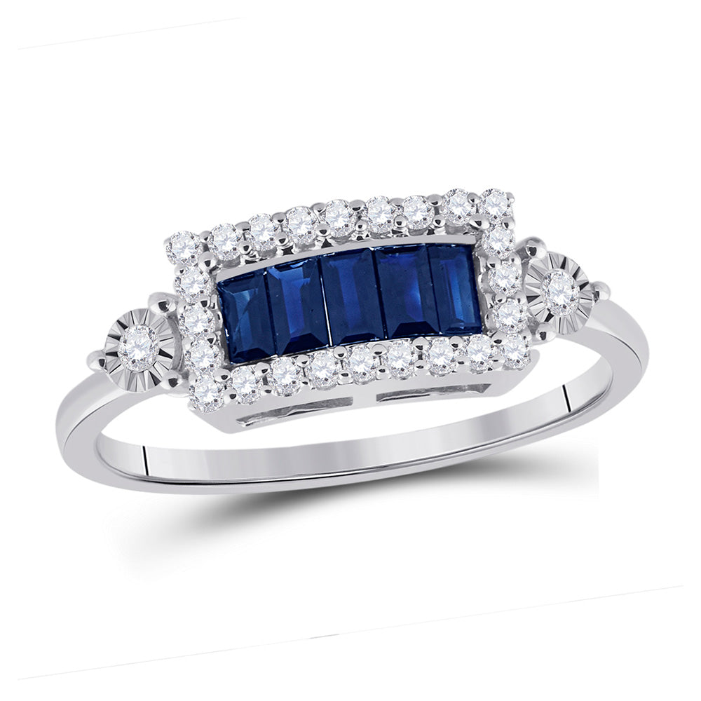 14kt White Gold Womens Baguette Blue Sapphire Diamond Fashion Ring 3/4 Cttw