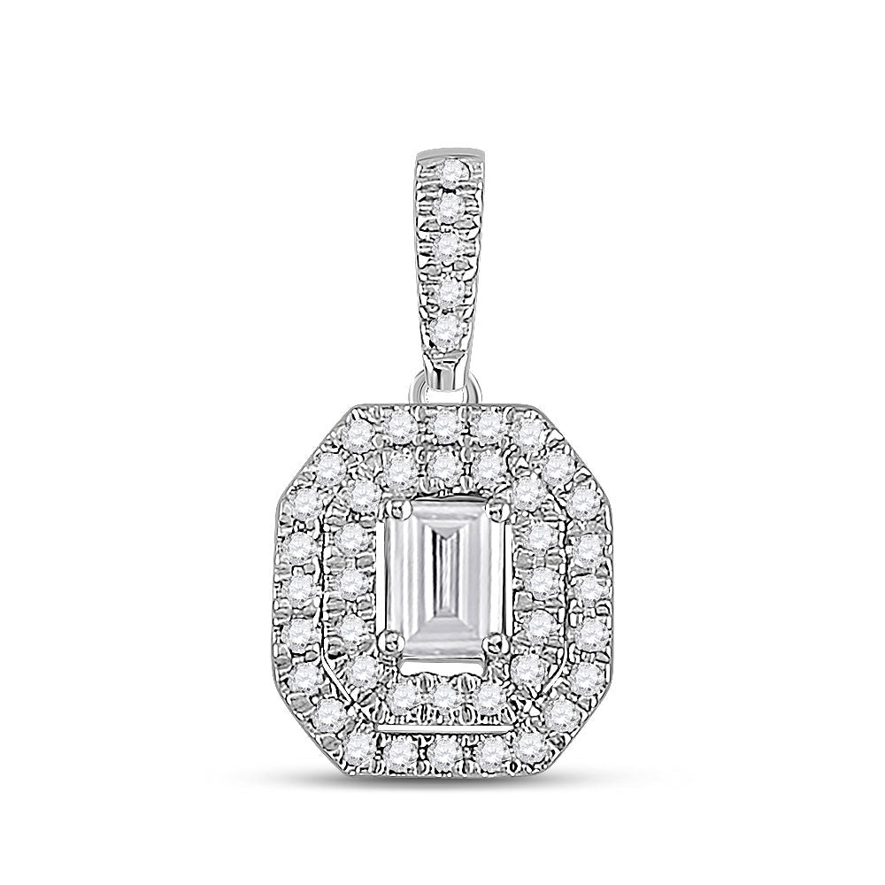 14kt White Gold Womens Emerald Diamond Fashion Halo Pendant 1/4 Cttw