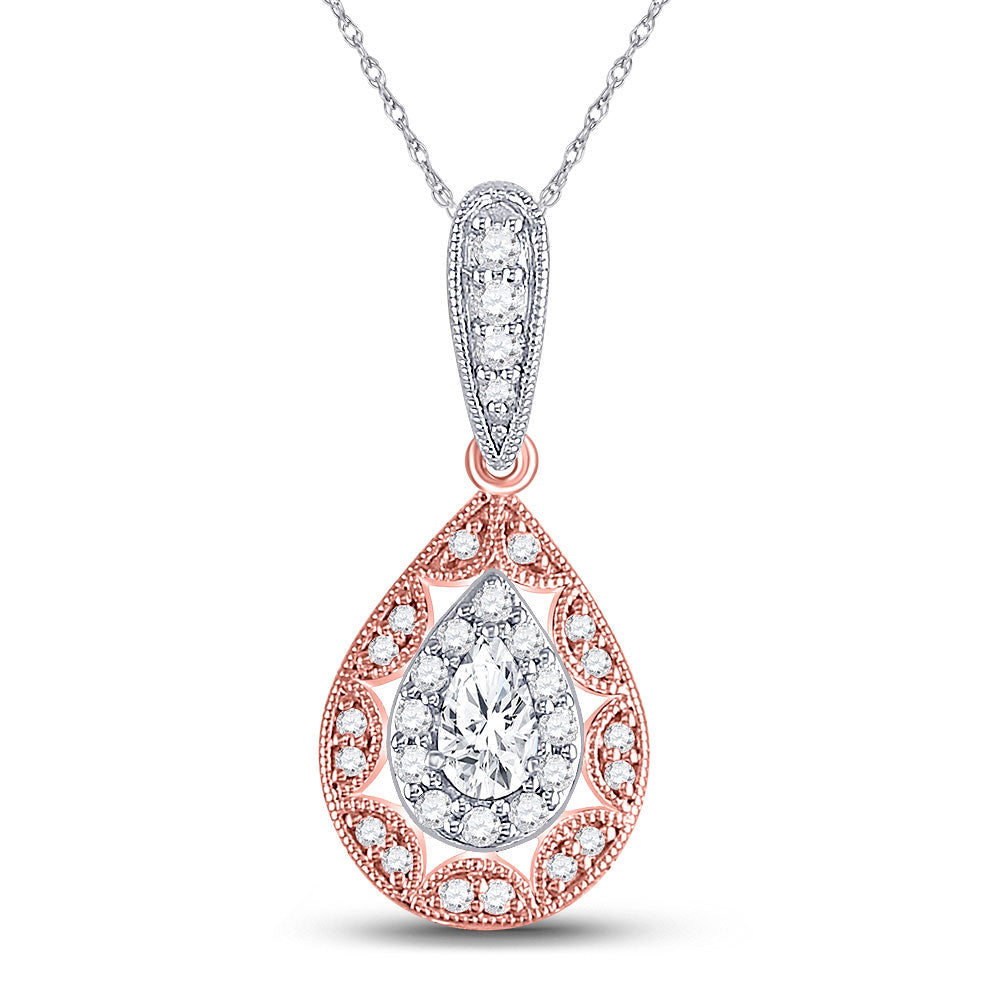 14kt Two-tone Gold Womens Pear Diamond Halo Solitaire Pendant 3/8 Cttw