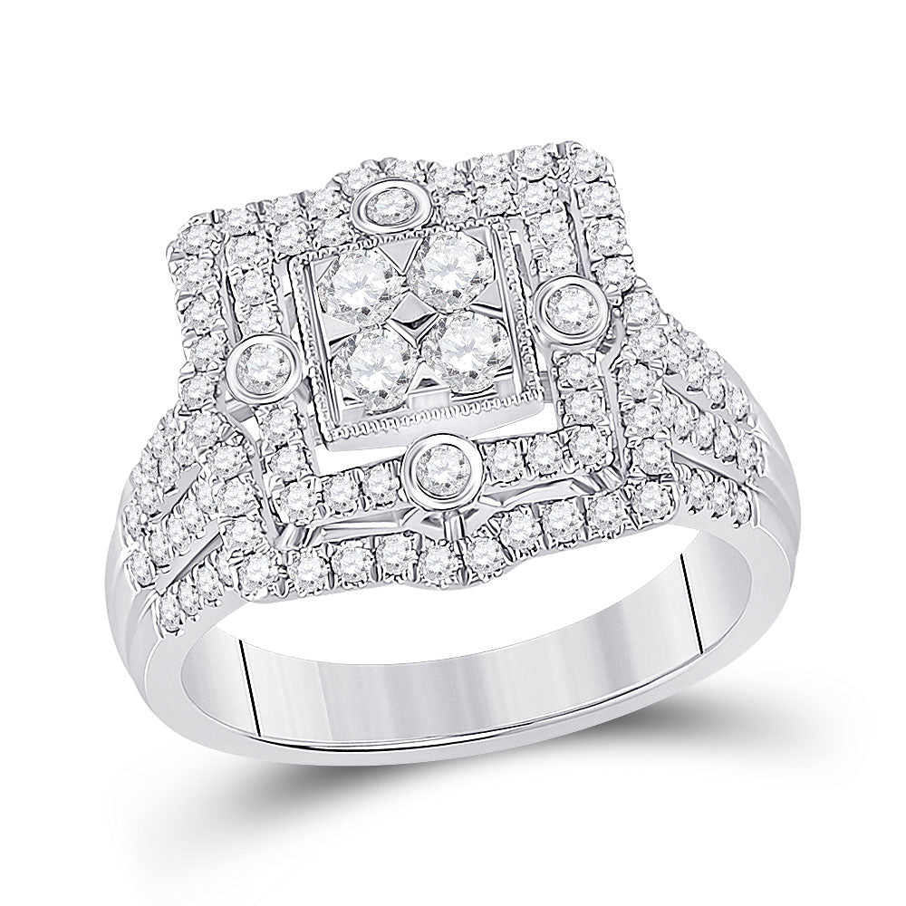 14kt White Gold Womens Round Diamond Square Halo Cluster Ring 1 Cttw