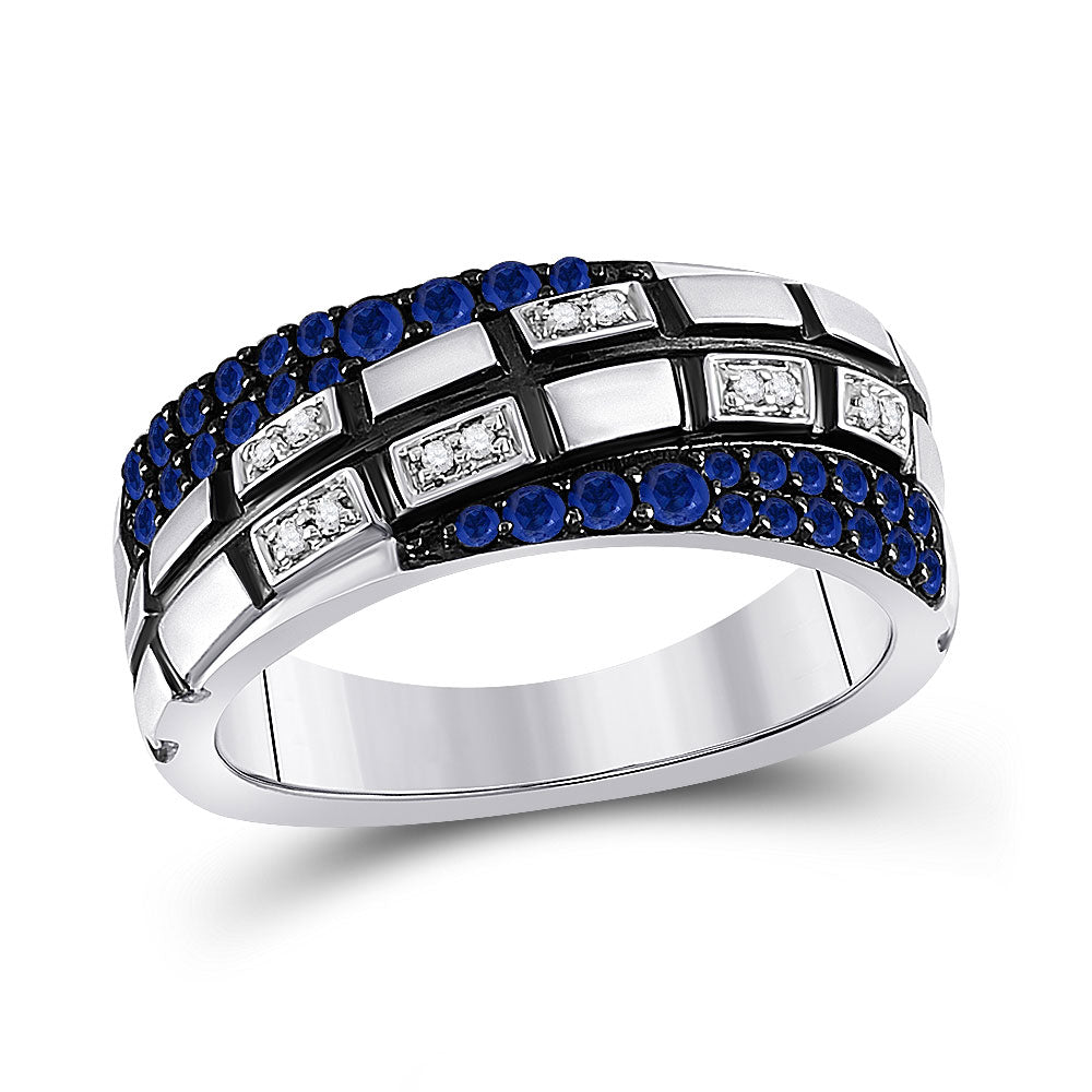 14kt White Gold Mens Round Blue Sapphire Diamond Band Ring 5/8 Cttw