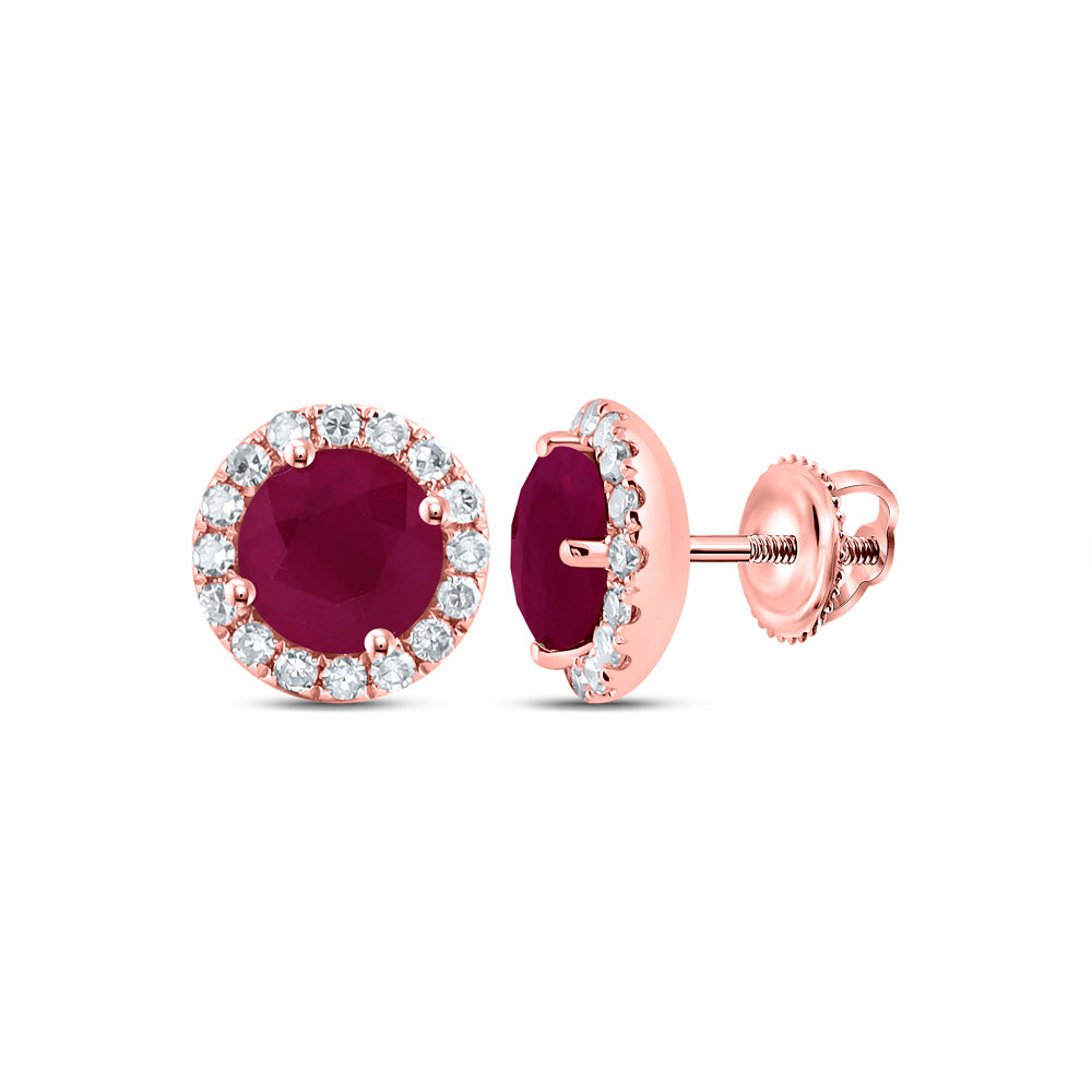14kt Rose Gold Womens Round Ruby Halo Solitaire Earrings 1-1/5 Cttw