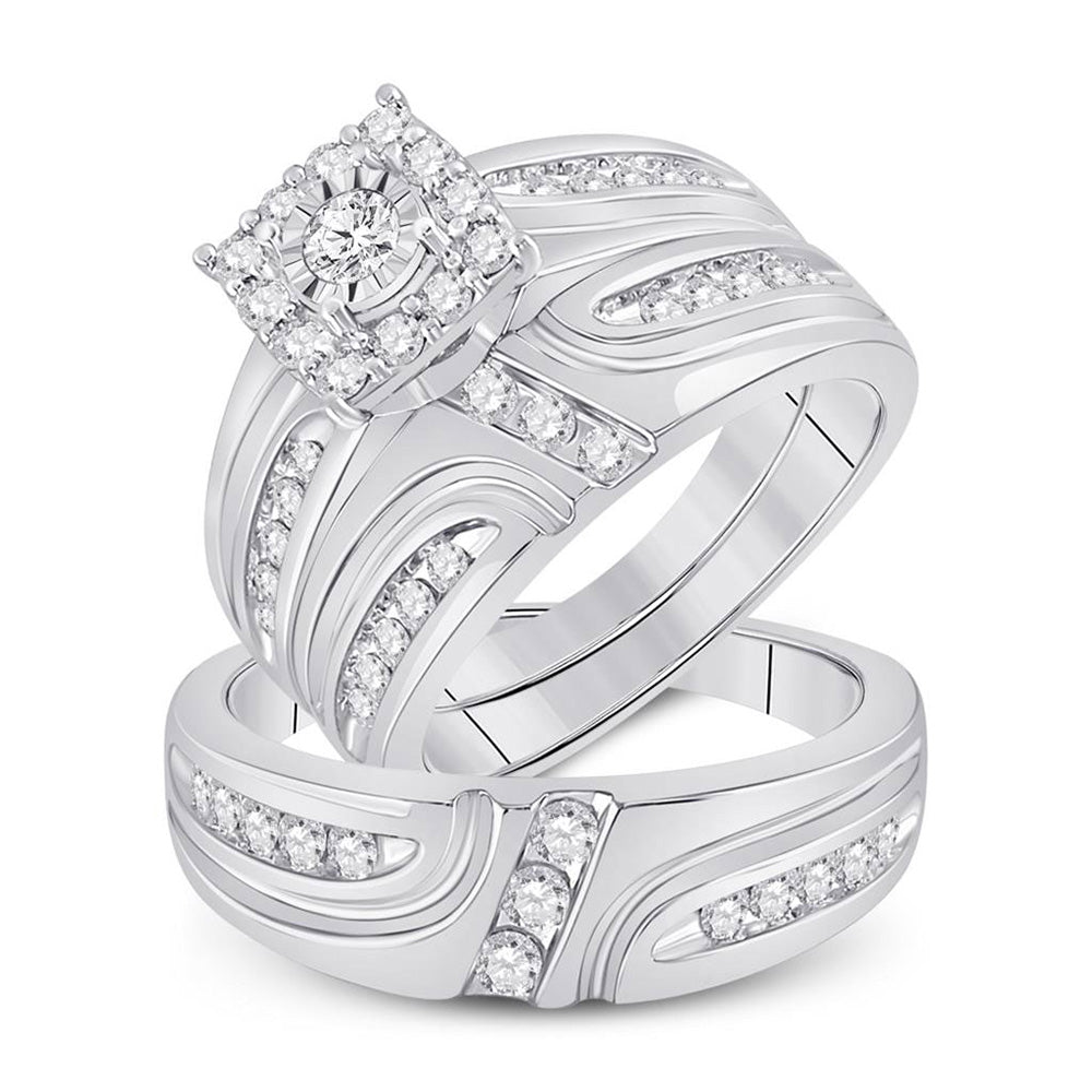 14kt White Gold His Hers Round Diamond Cluster Matching Wedding Set 1 Cttw