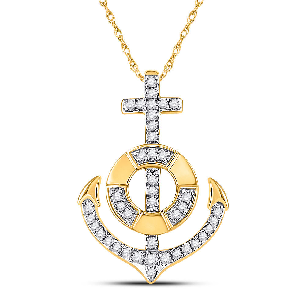 10kt Yellow Gold Womens Round Diamond Anchor Nautical Pendant 1/5 Cttw