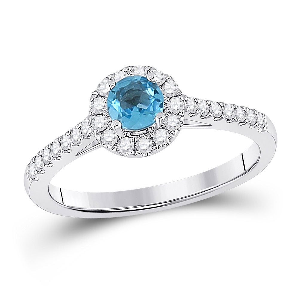 14kt White Gold Womens Round Blue Topaz Diamond Solitaire Ring 5/8 Cttw
