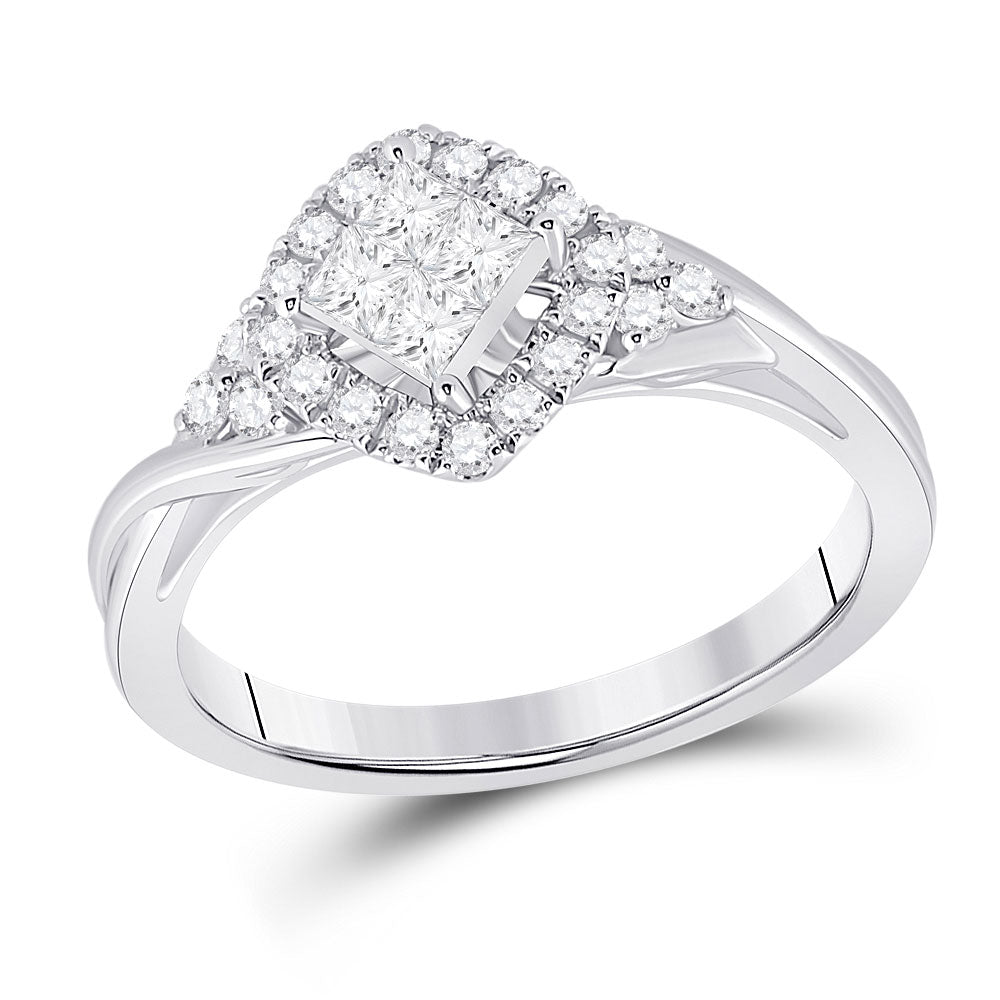 14kt White Gold Womens Princess Diamond Offset Square Fashion Ring 1/2 Cttw