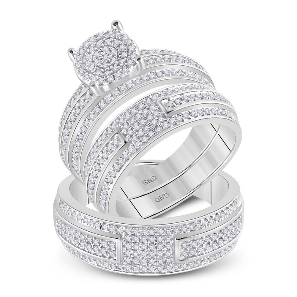 14kt White Gold His Hers Round Diamond Cluster Matching Wedding Set 1 Cttw