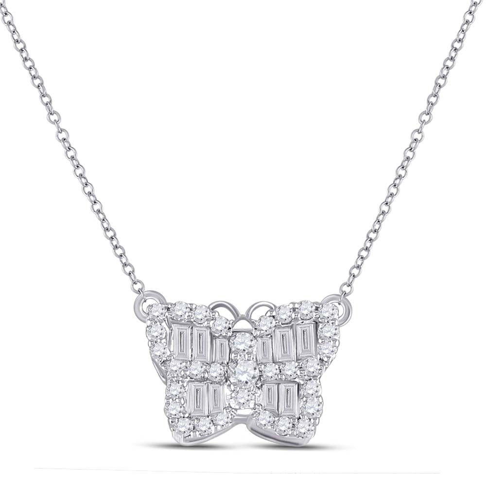 14kt White Gold Womens Baguette Diamond Butterfly Necklace 1/2 Cttw