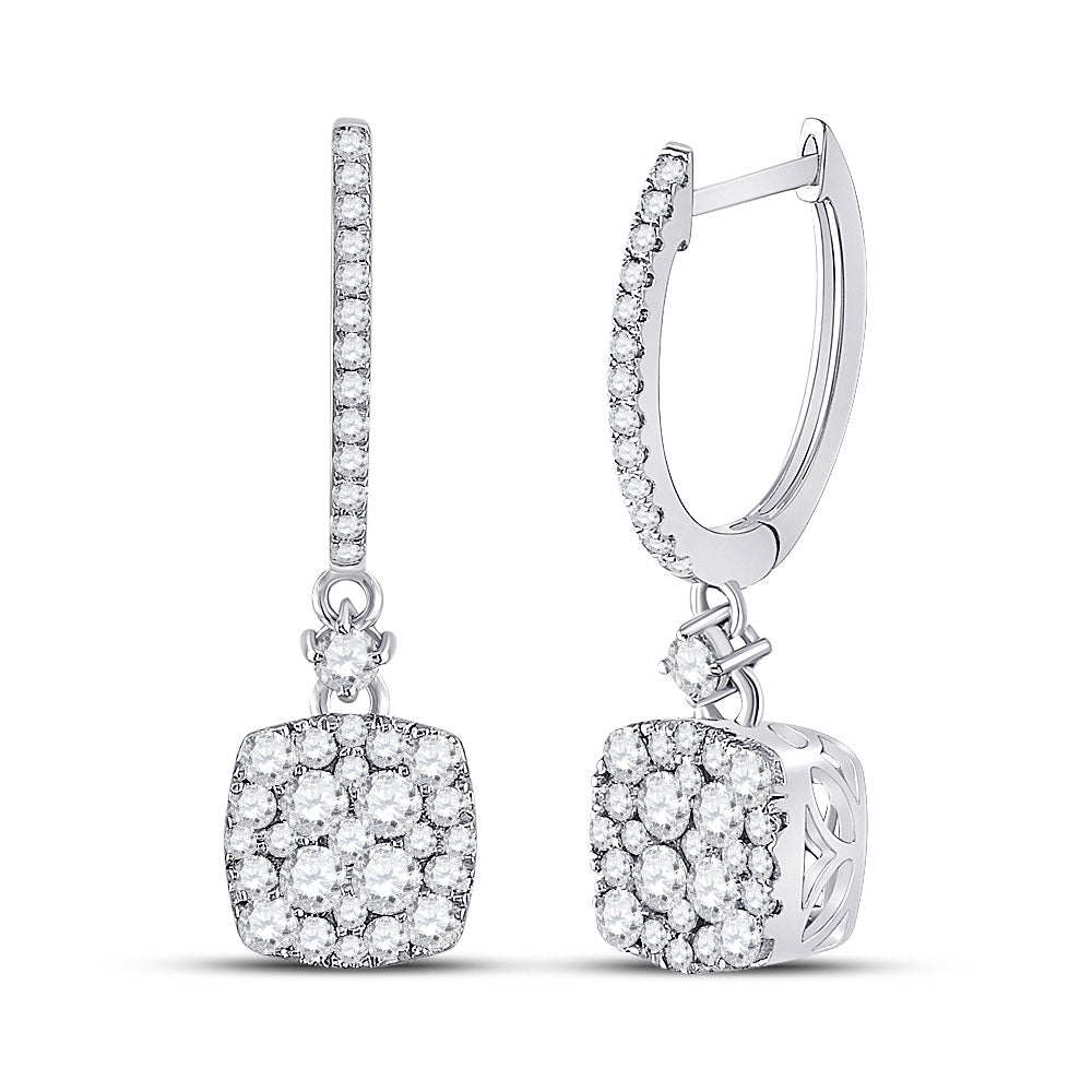 14kt White Gold Womens Round Diamond Square Dangle Earrings 1 Cttw