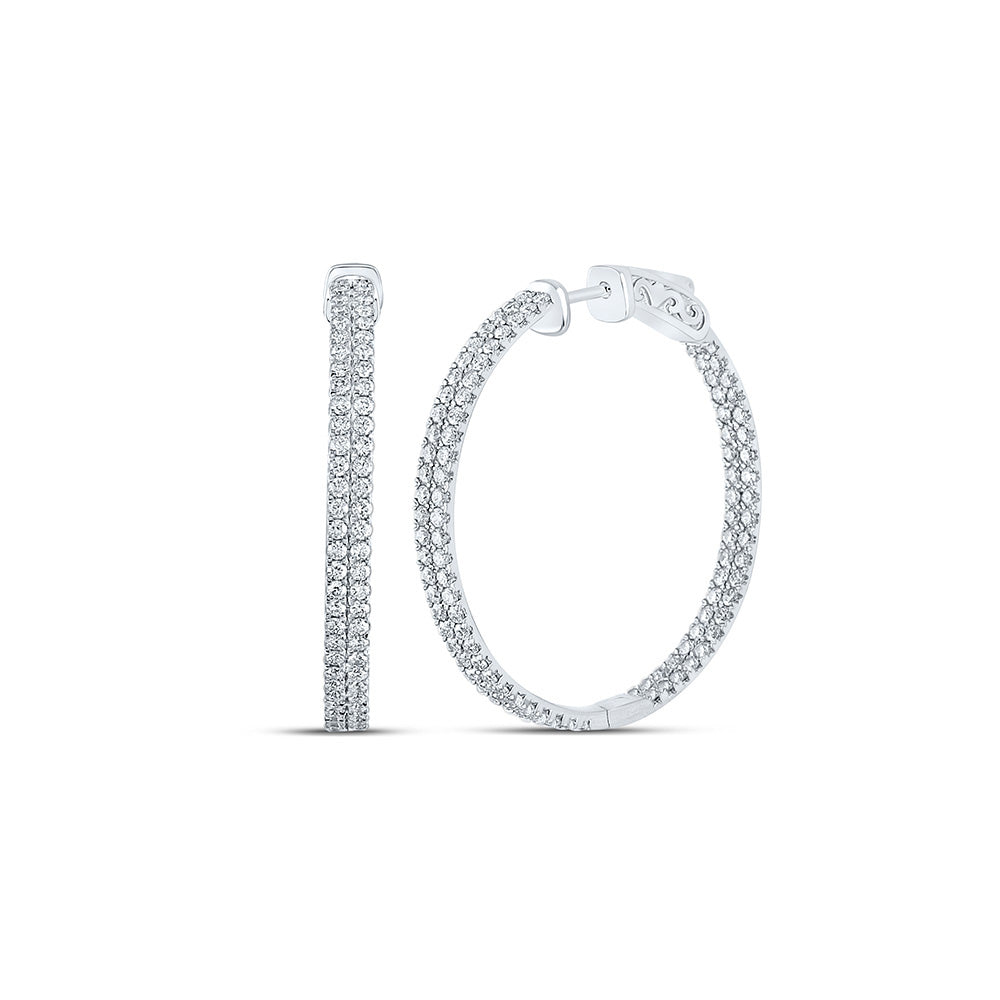 14kt White Gold Womens Round Diamond Double Row Hoop Earrings 2 Cttw
