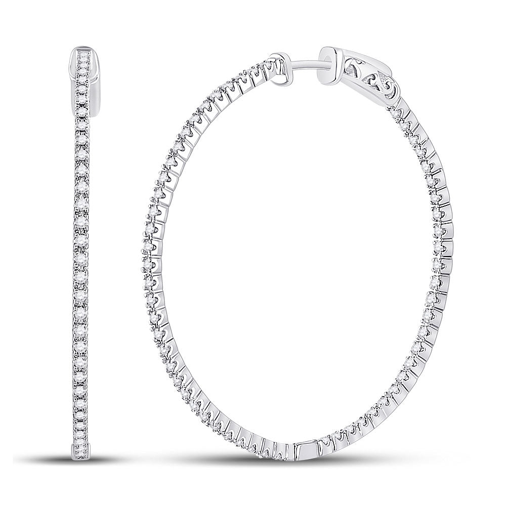 14kt White Gold Womens Round Diamond Inside-Outside Hoop Earrings 7/8 Cttw
