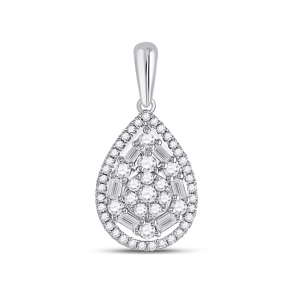 14kt White Gold Womens Baguette Diamond Teardrop Pendant 1/2 Cttw