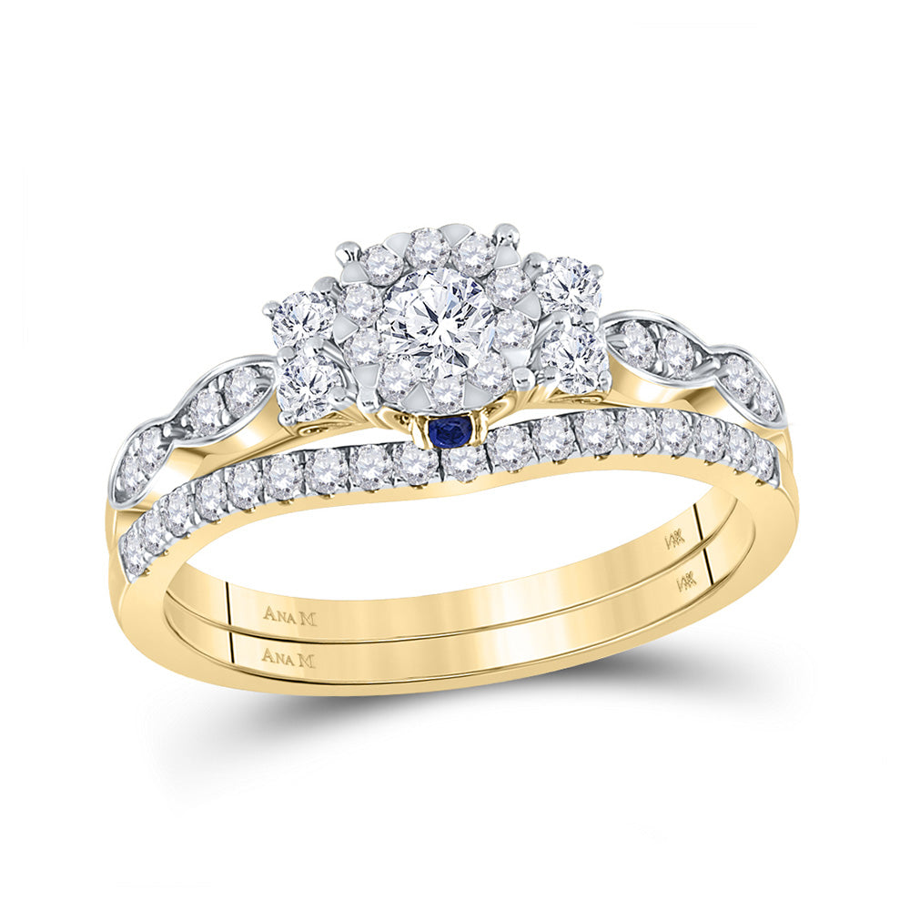 14kt Yellow Gold Round Diamond Halo Bridal Wedding Ring Band Set 3/4 Cttw