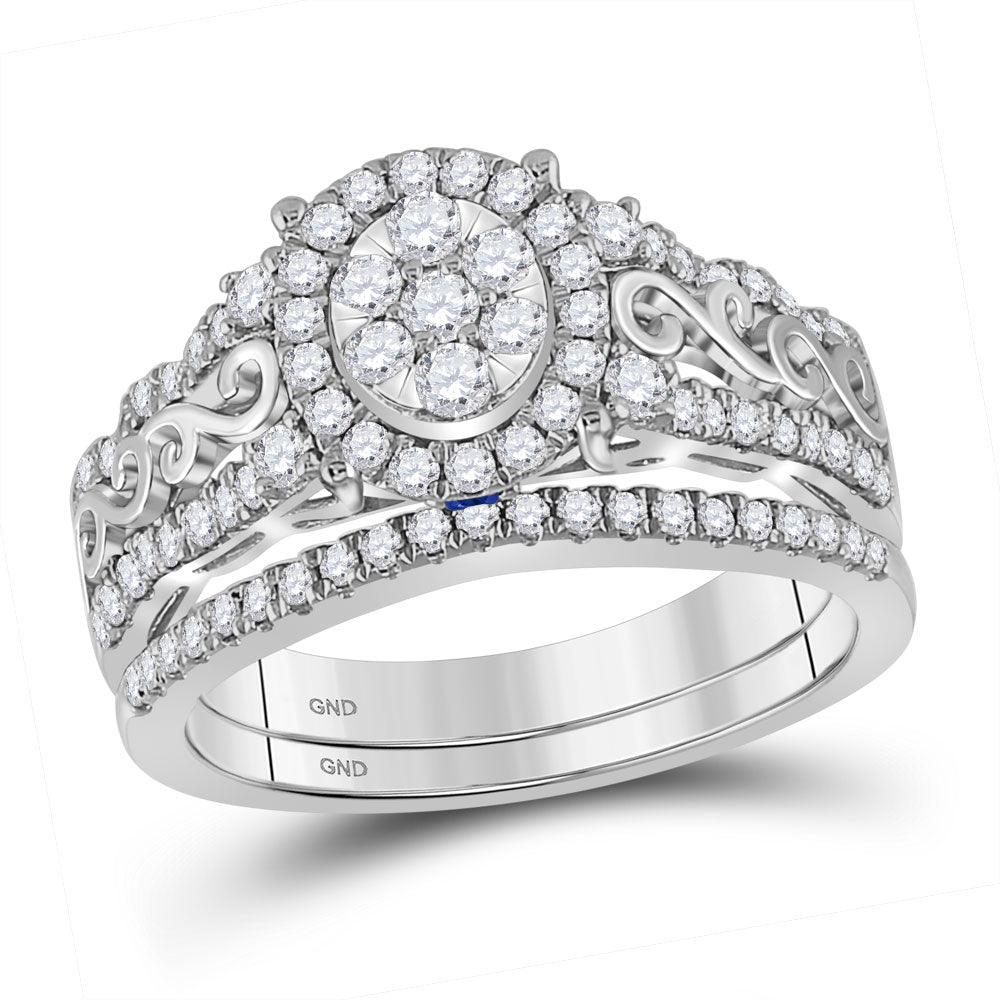 14kt White Gold Round Diamond Oval Bridal Wedding Ring Band Set 3/4 Cttw