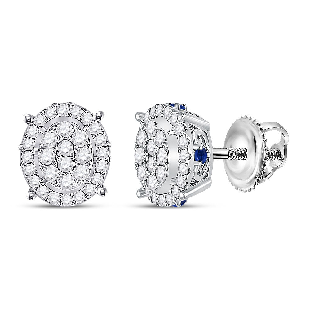 14kt White Gold Womens Round Diamond Blue Sapphire Oval Earrings 3/4 Cttw