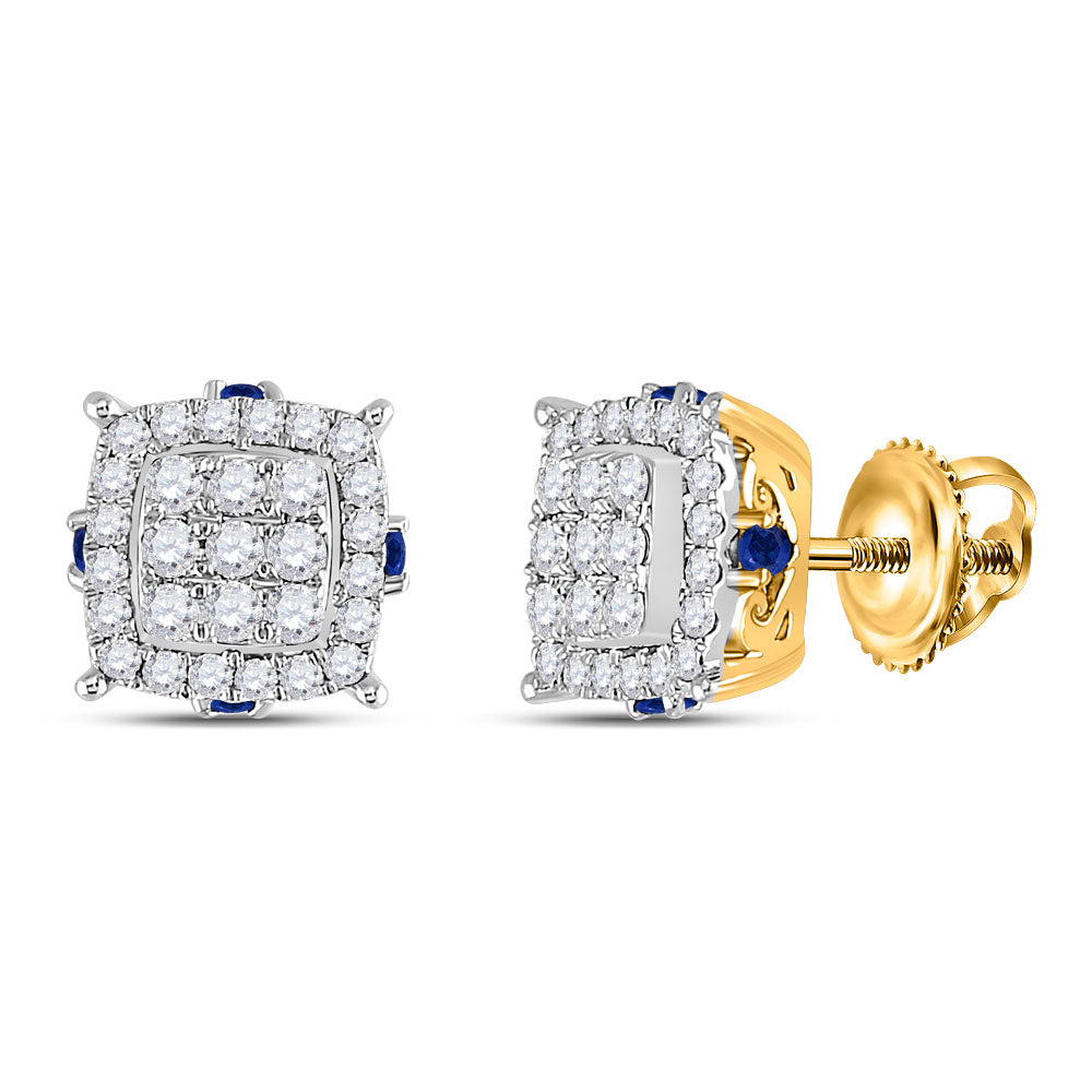 14kt Yellow Gold Womens Round Diamond Blue Sapphire Square Earrings 5/8 Cttw