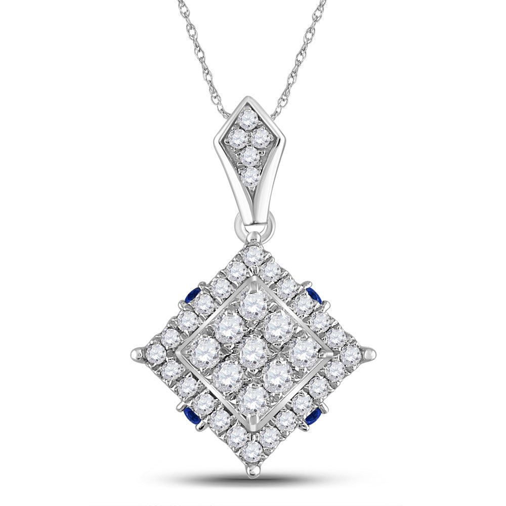 14kt White Gold Womens Round Diamond Blue Sapphire Square Pendant 5/8 Cttw