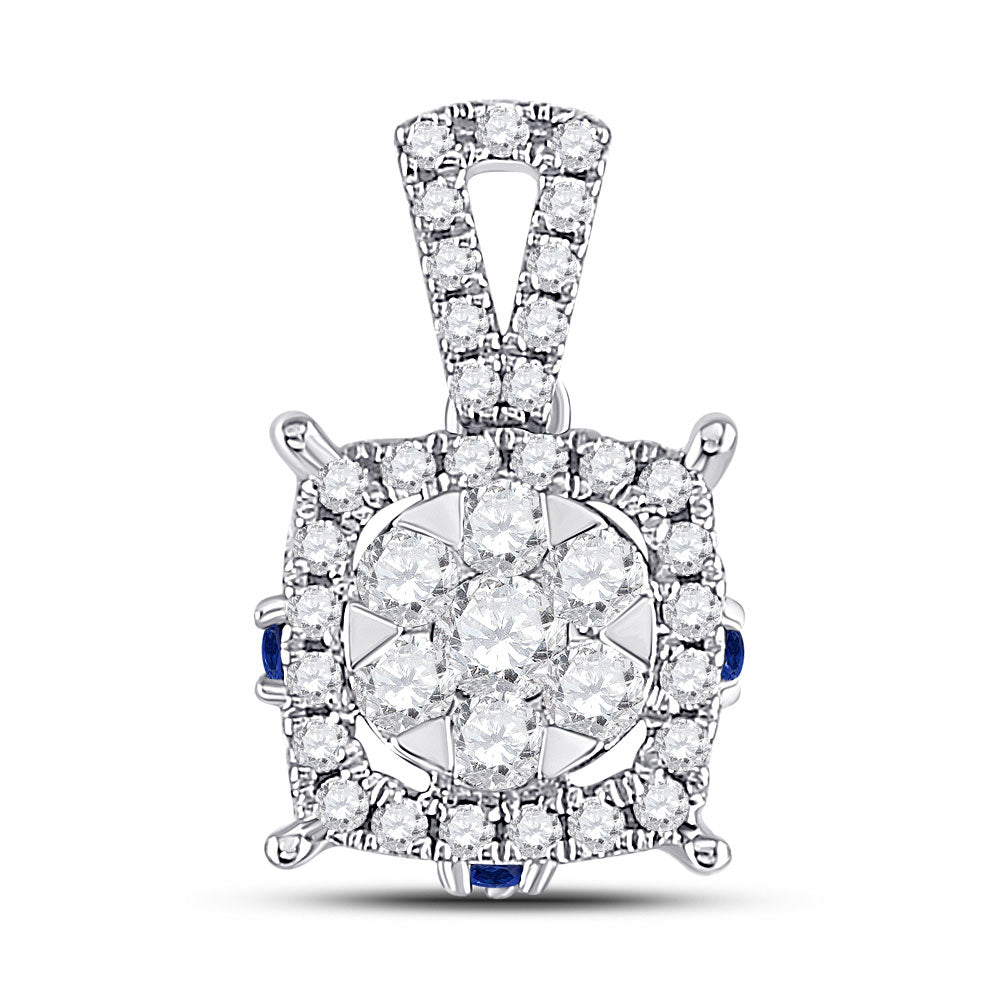 14kt White Gold Womens Round Diamond Blue Sapphire Square Pendant 1/2 Cttw