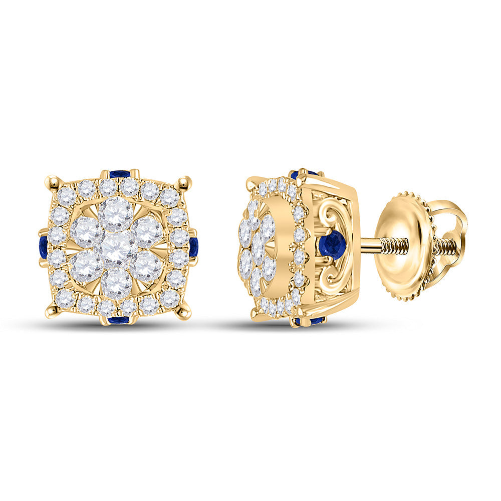 14kt Yellow Gold Womens Round Diamond Blue Sapphire Cluster Earrings 5/8 Cttw