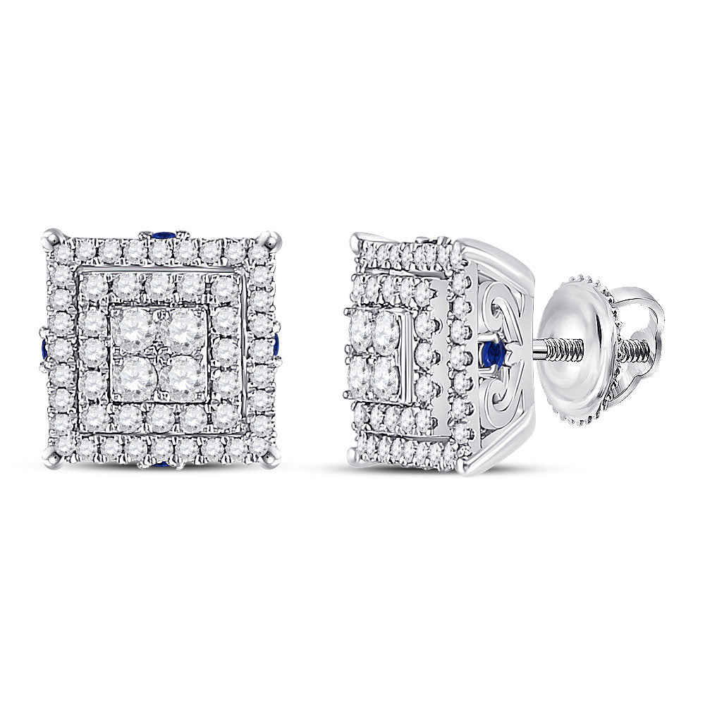 14kt White Gold Womens Round Diamond Blue Sapphire Square Earrings 1 Cttw