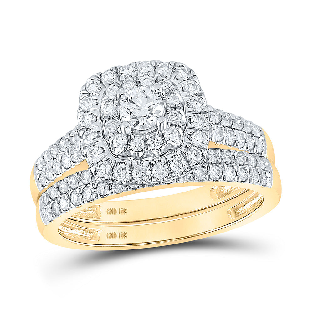10kt Yellow Gold Round Diamond Halo Bridal Wedding Ring Band Set 1 Cttw